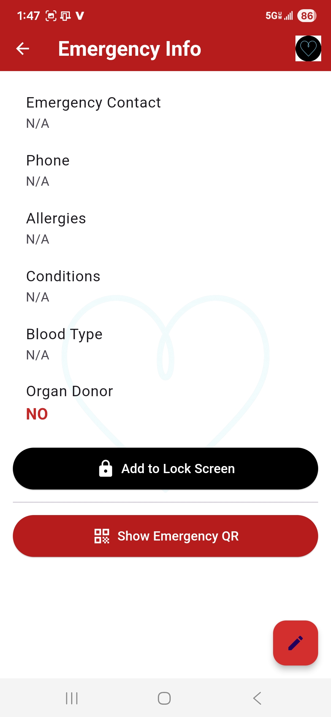 Emergency info screen