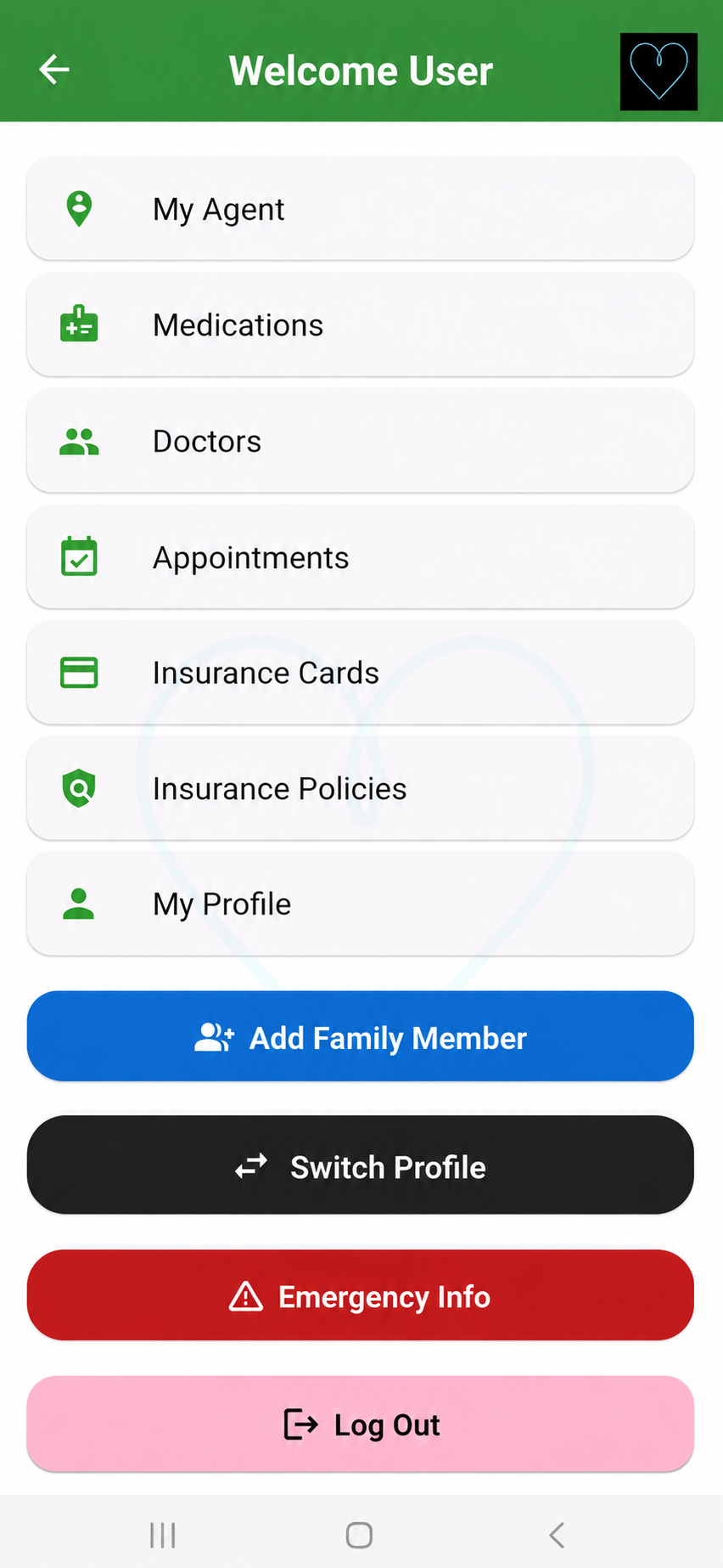 Consumer VitaLink menu showing medications, doctors, appointments, insurance cards, insurance policies, and emergency information
