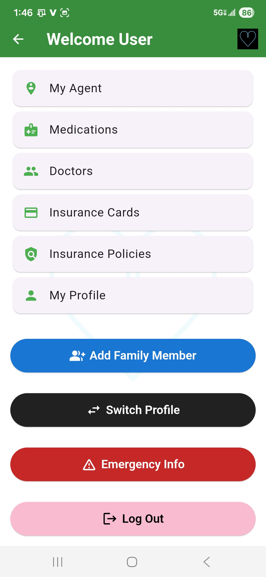 VitaLink user menu